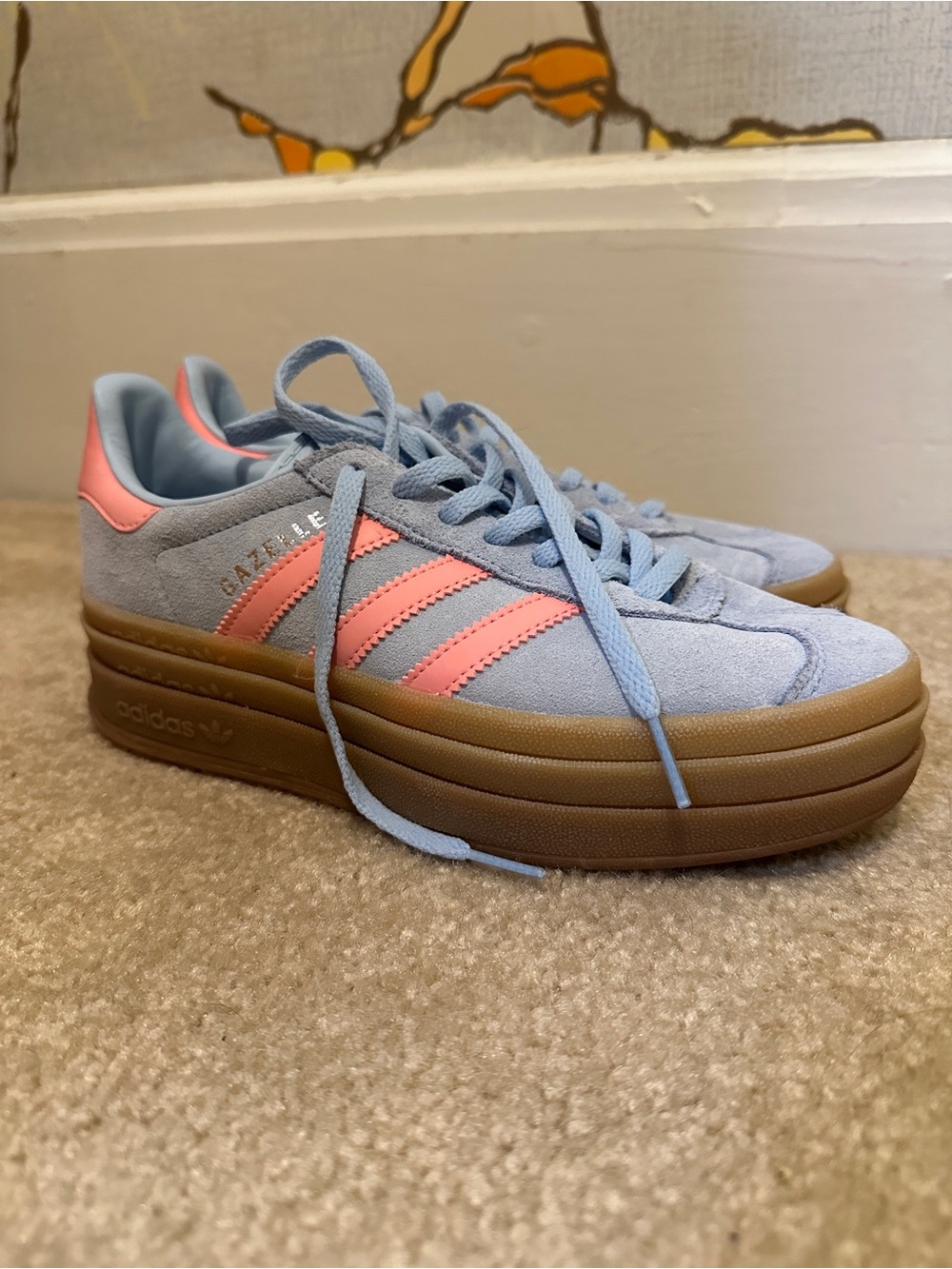 Adidas Gazelle Platform Sneakers in Light Blue Suede with Pink Stripes 4.5